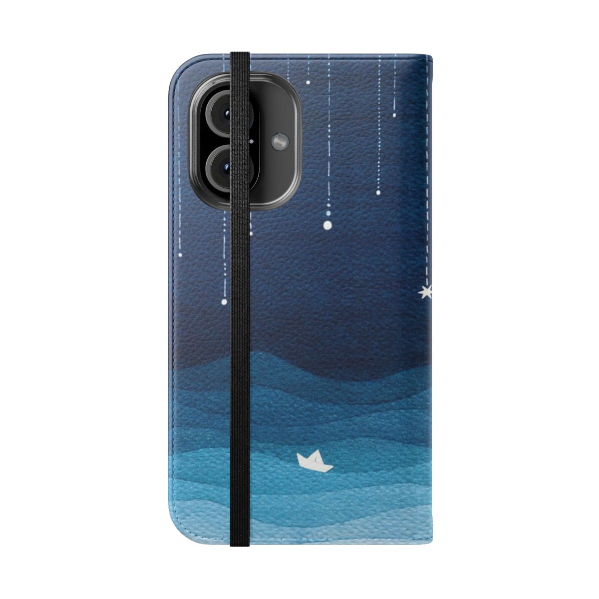 Blue flip phone case with a watercolor design featuring falling stars, sailboats, and a night sky - Folded Front