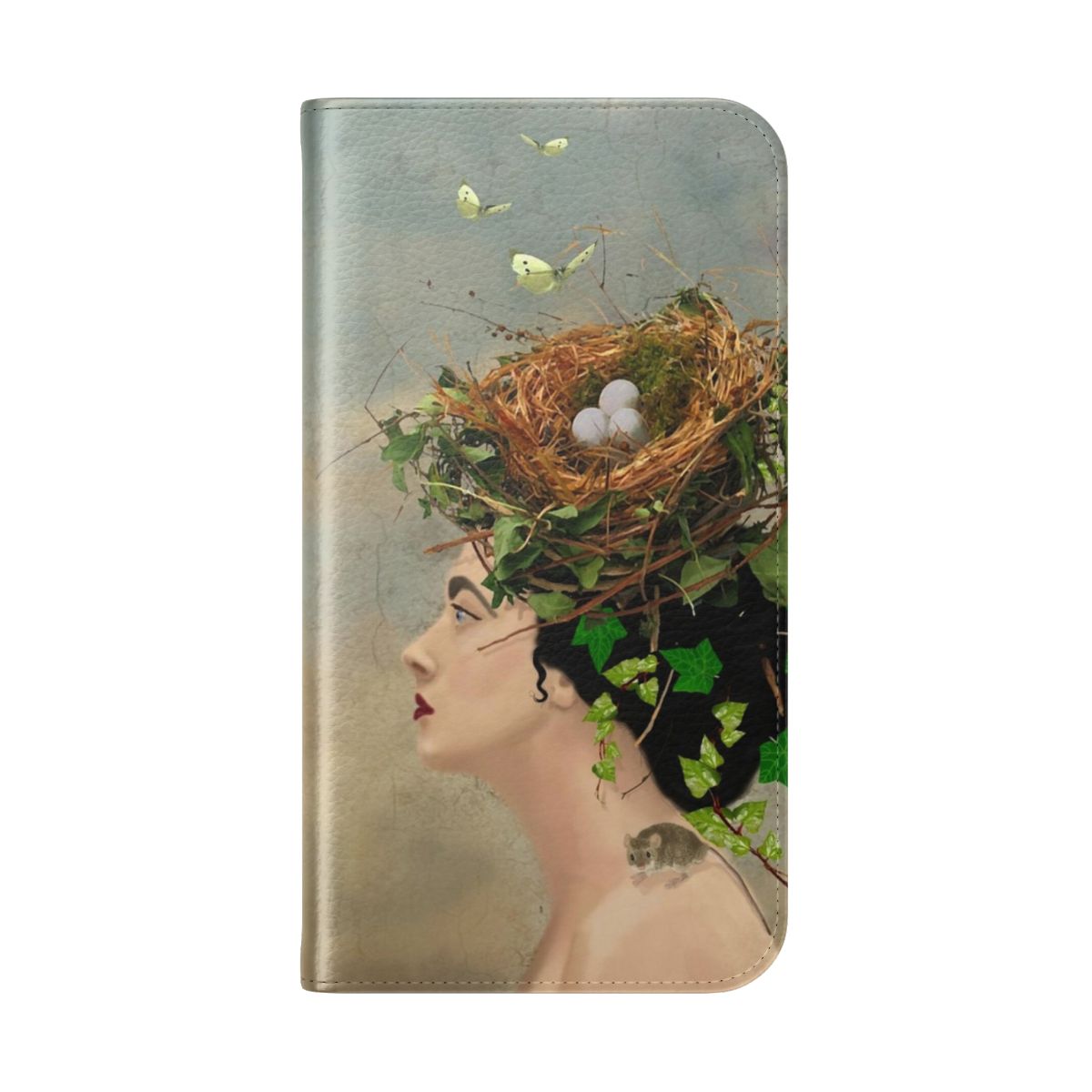 A flip phone case featuring a realistic birds nest, butterflies, leaves, and a blue sky background. - Folded Back