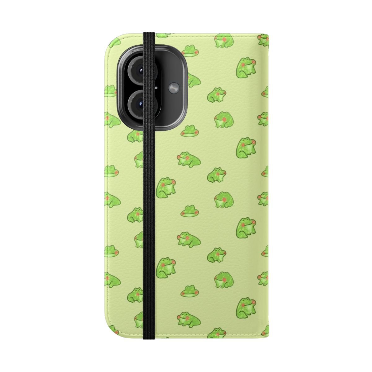 Flip cover phone case with a cute frog design in a cottagecore style. - Folded Front