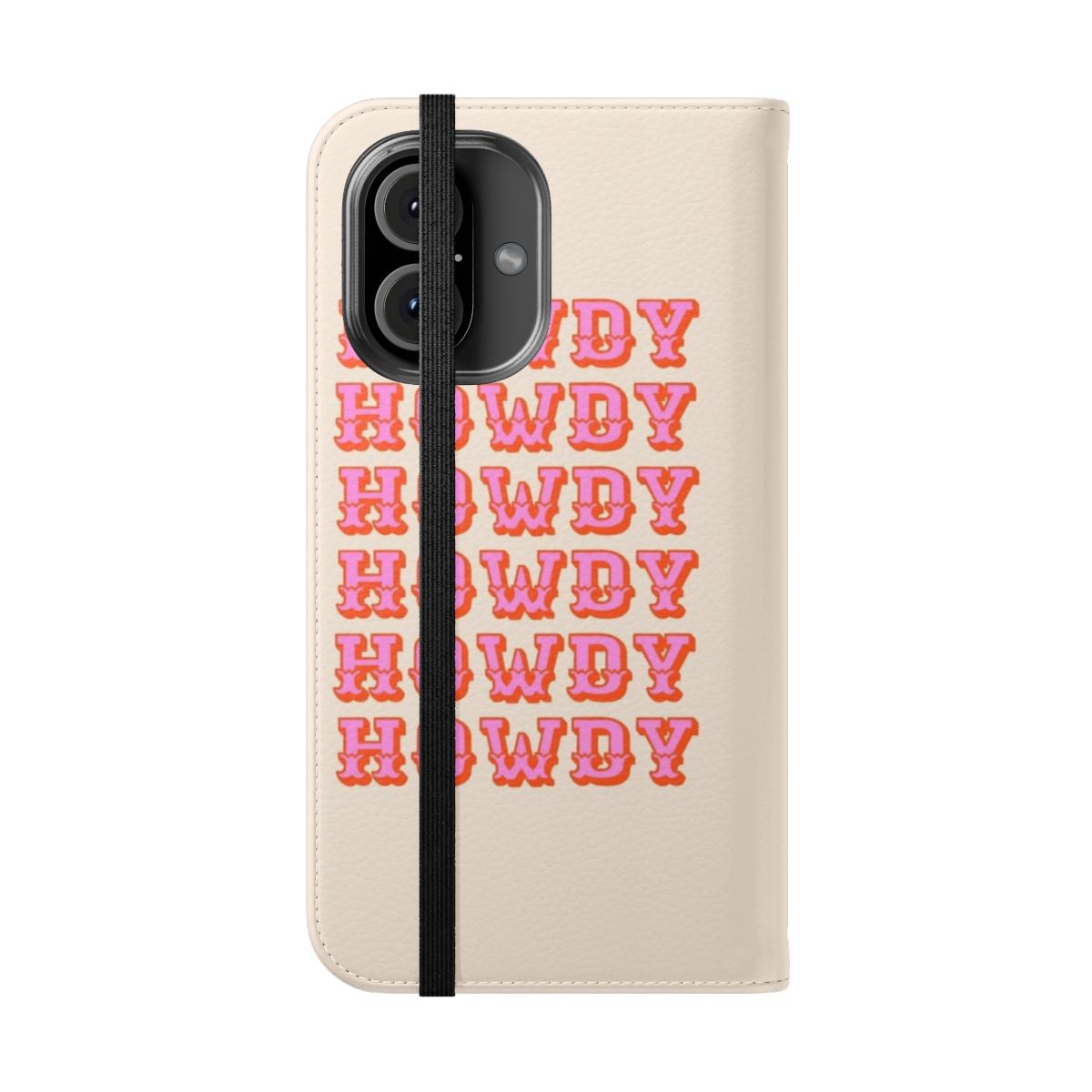 Flip cover phone case with a western-inspired, "howdy" design - Folded Front