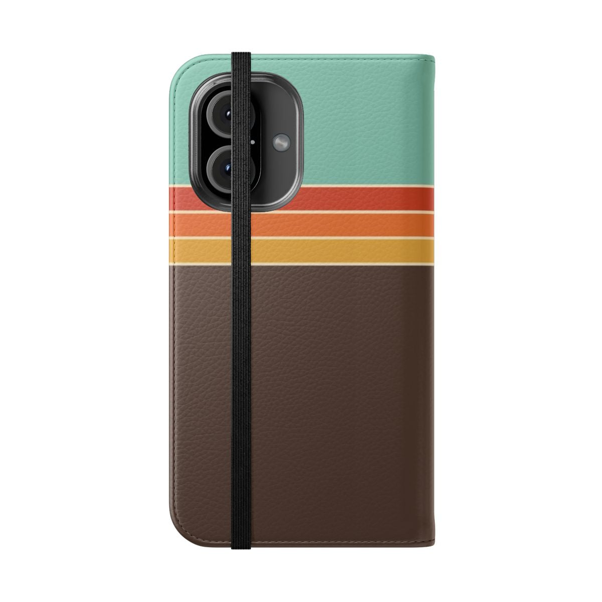 Retro 1970s sporty stripe flip phone case in chocolate, mustard, and pale turquoise colors - Folded Front