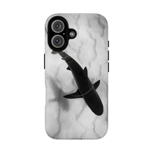 Magnetic phone case featuring a dramatic shark silhouette swimming underwater