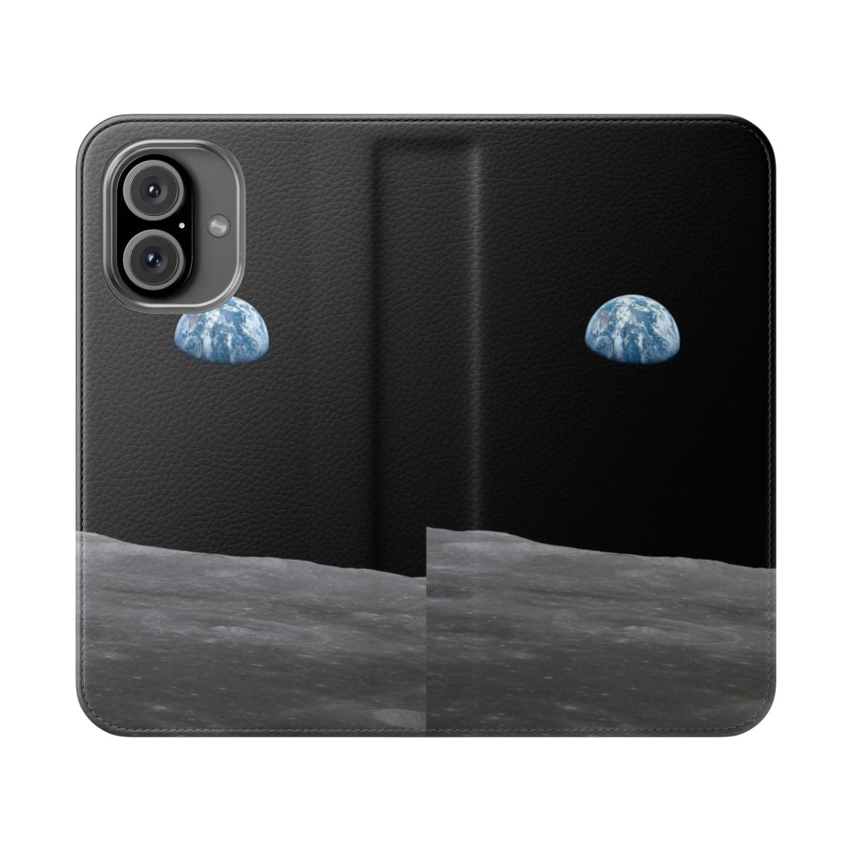 Flip cover phone case featuring an illustration of the Earth rising over the lunar surface, inspired by the historic Apollo 11 mission.