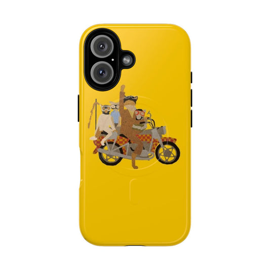 Motorcycle-themed phone case with Wes Anderson and Roald Dahl inspired designs