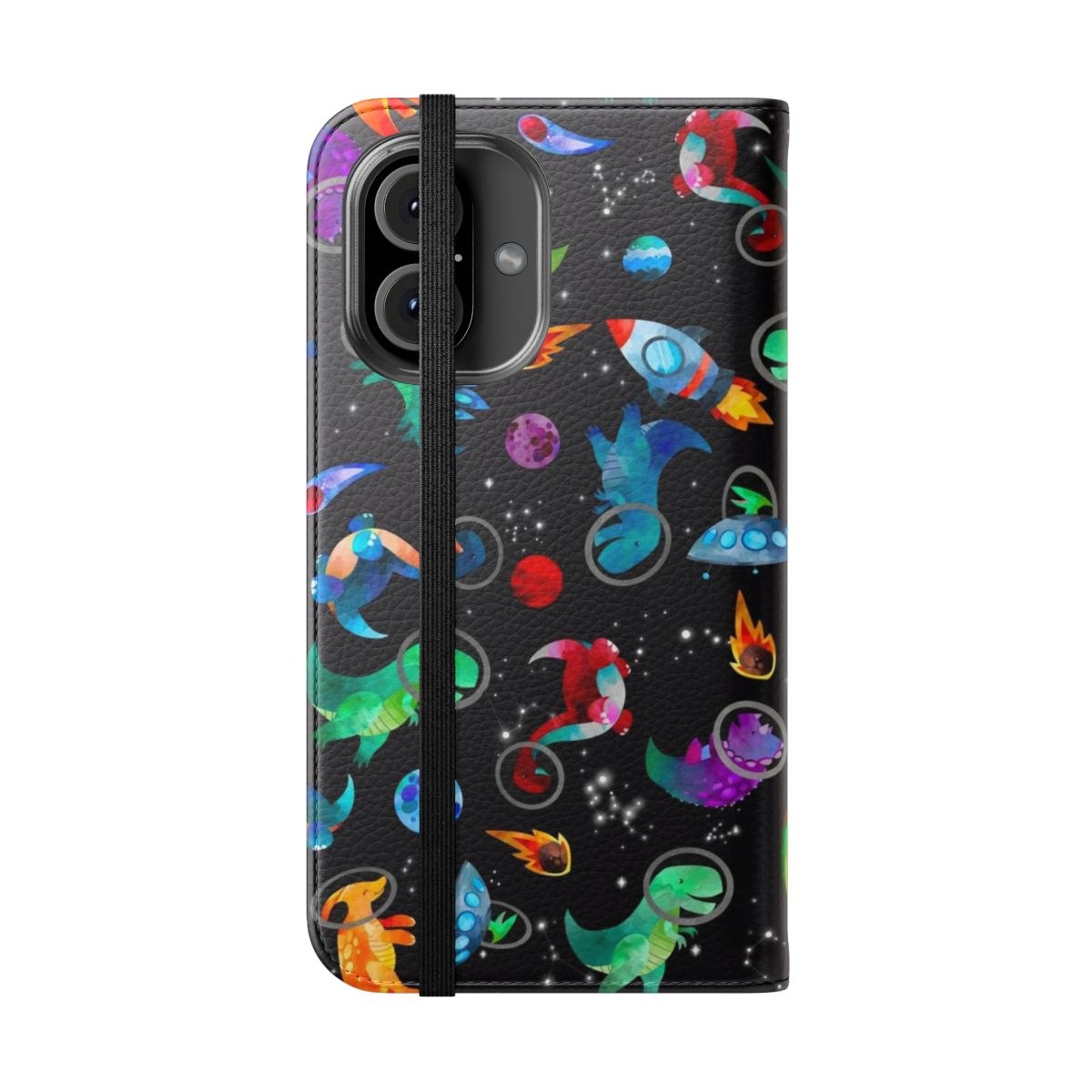 Vibrant watercolor dinosaur and galaxy pattern on a flip cover phone case - Folded Front