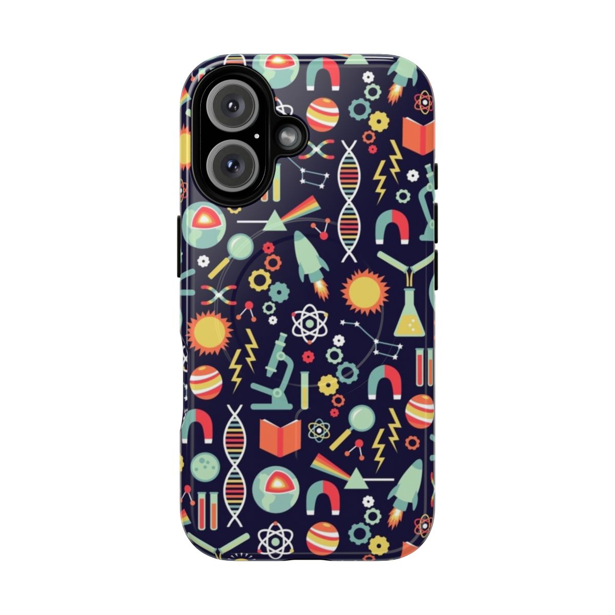 Stylish science-themed magnetic protective phone case with damask pattern and laboratory elements