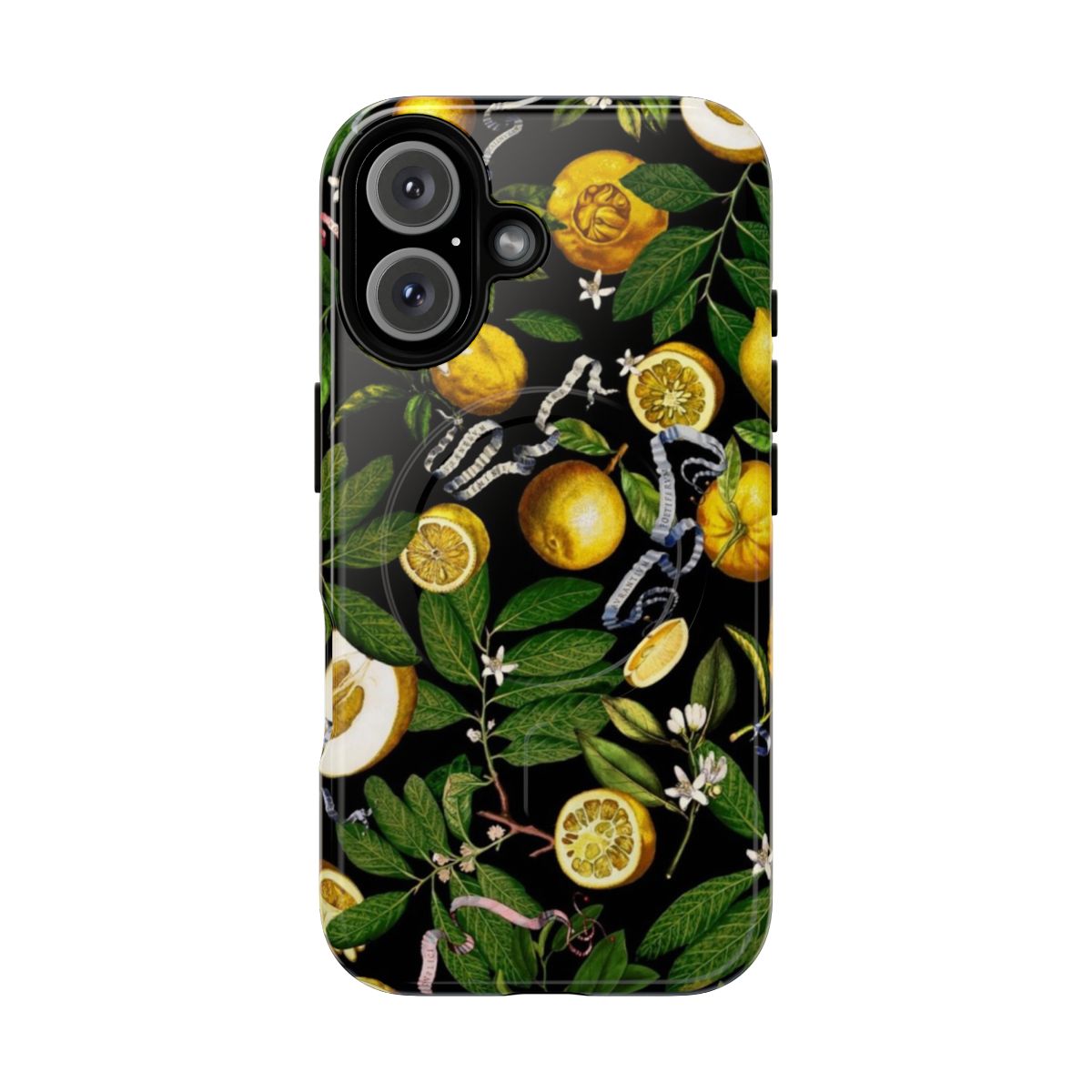 Black phone case with a vibrant lemon tree design, featuring exotic leaves and a tropical, nature-inspired aesthetic.