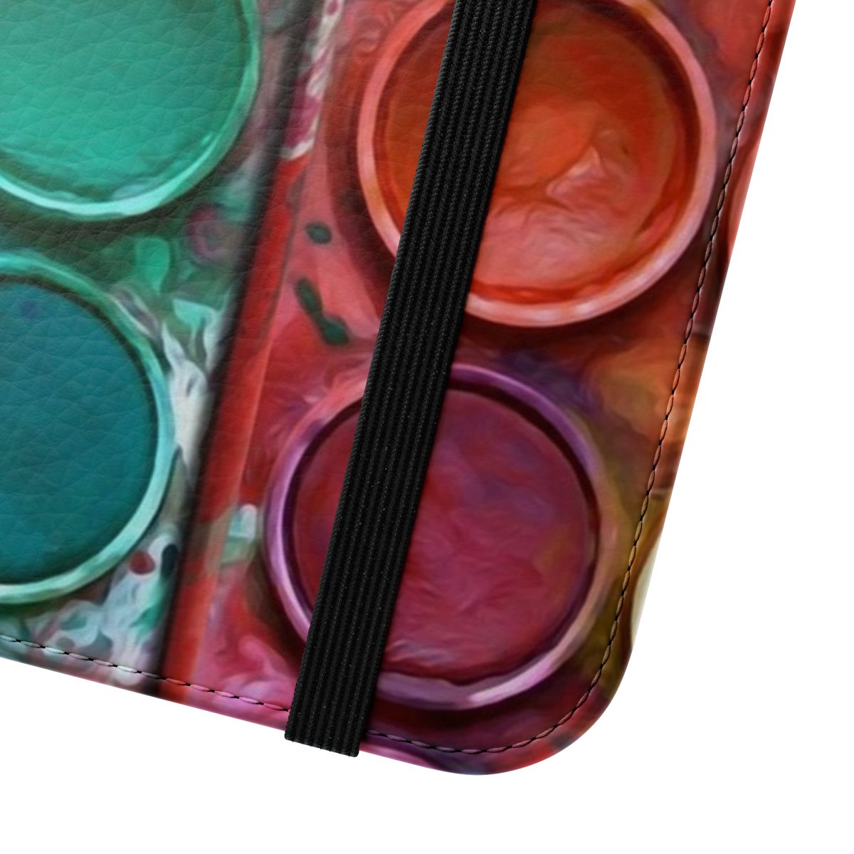 Colorful watercolor paintbox design on a smartphone flip cover - Close Up