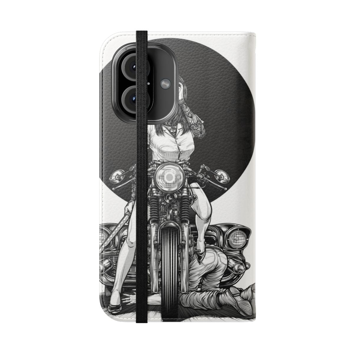 Flip cover phone case with vintage car, motorcycle, and manga inspired artwork - Folded Front