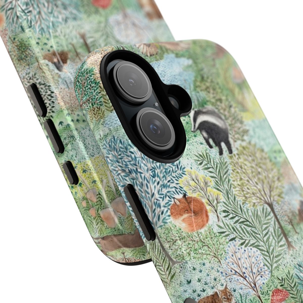 Artistic phone case featuring illustrations of woodland creatures and nature elements in the Windermere style. - Detail