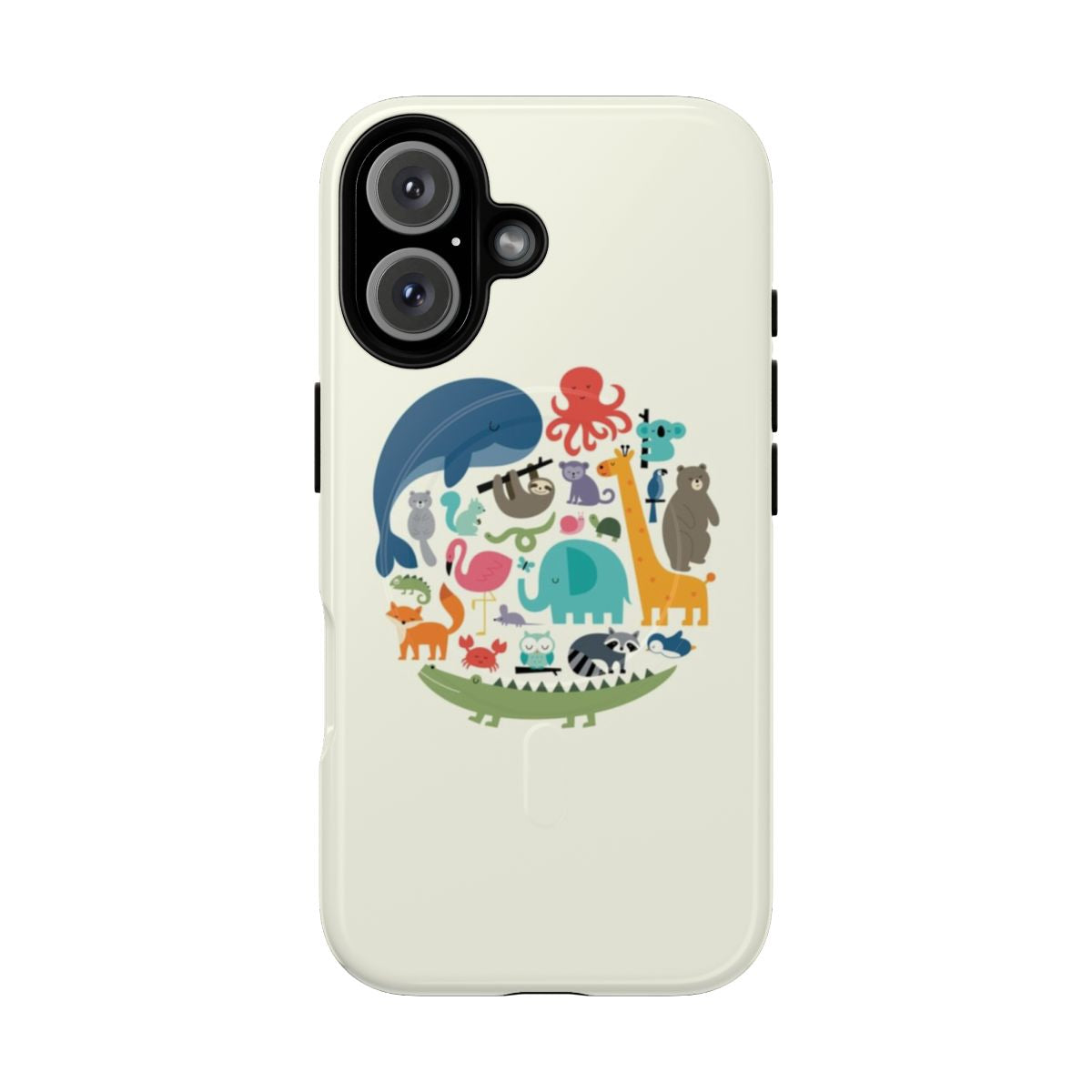 Colorful magnetic tough phone case with various zoo animals including elephant, giraffe, sloth, owl, bear, raccoon, penguin, flamingo, whale, and fox.