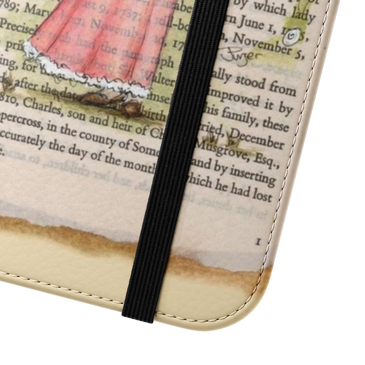 Stylish flip cover phone case featuring artwork inspired by Jane Austen's novel Persuasion and the character Anne Elliot. - Close Up