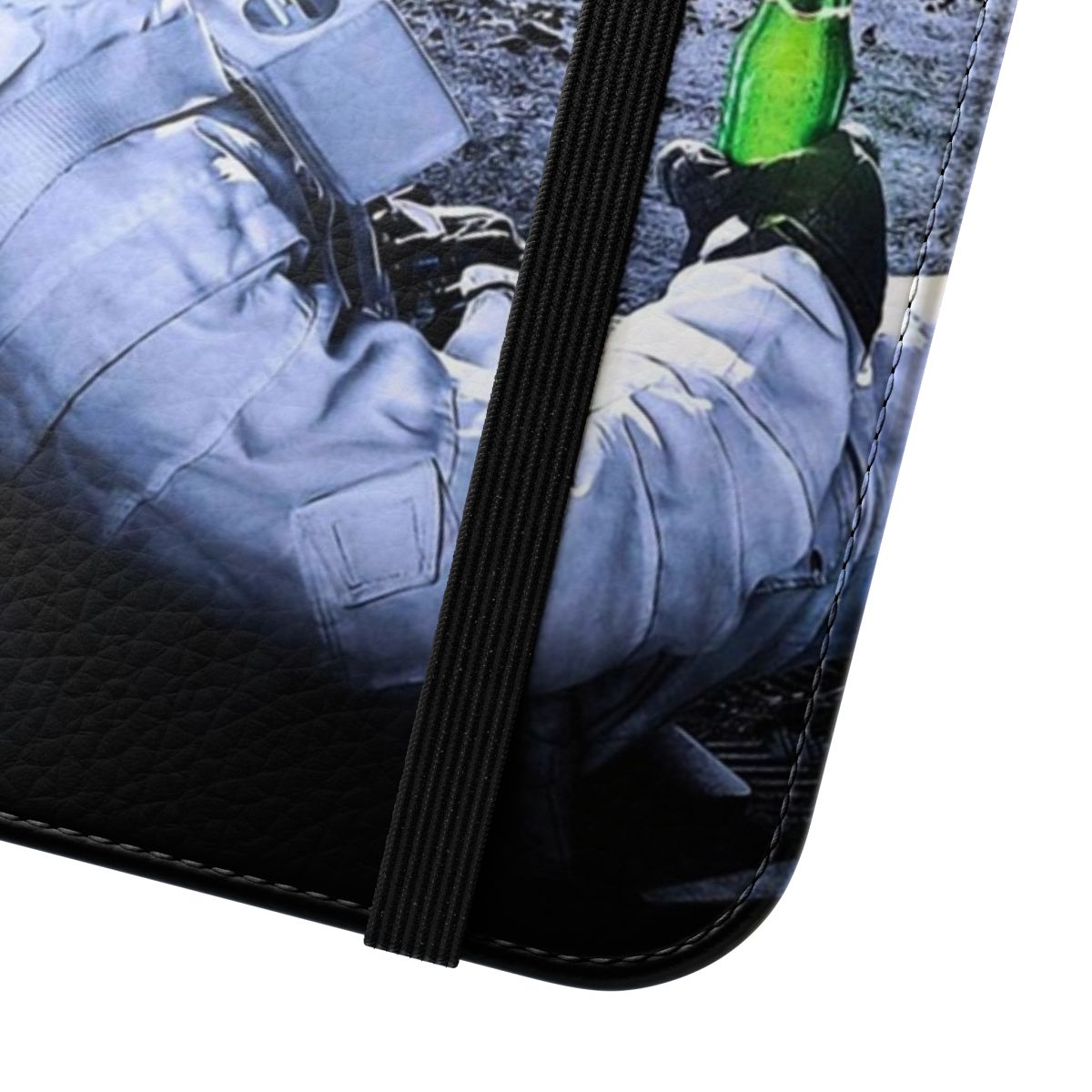 Flip phone case featuring a collage design with an astronaut and beer on the moon. - Close Up