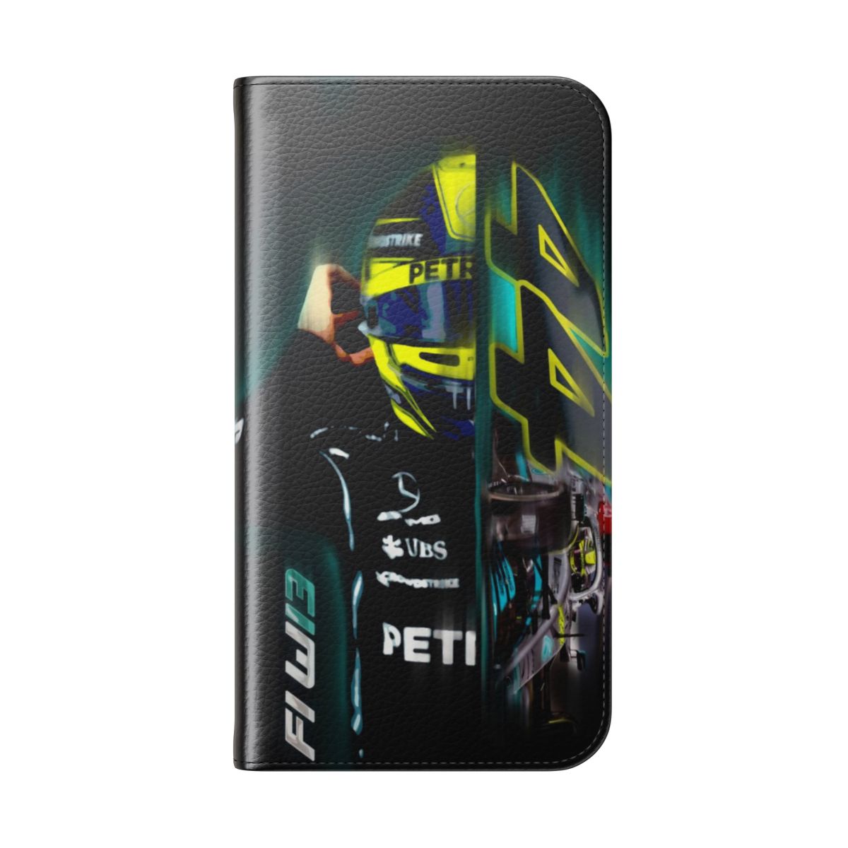 A stylish phone case featuring an artistic design inspired by the 2022 Formula 1 season and Lewis Hamilton's iconic helmet. - Folded Back