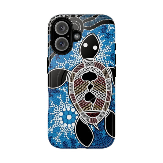 Magnetic tough phone case featuring authentic aboriginal-inspired sea turtle art