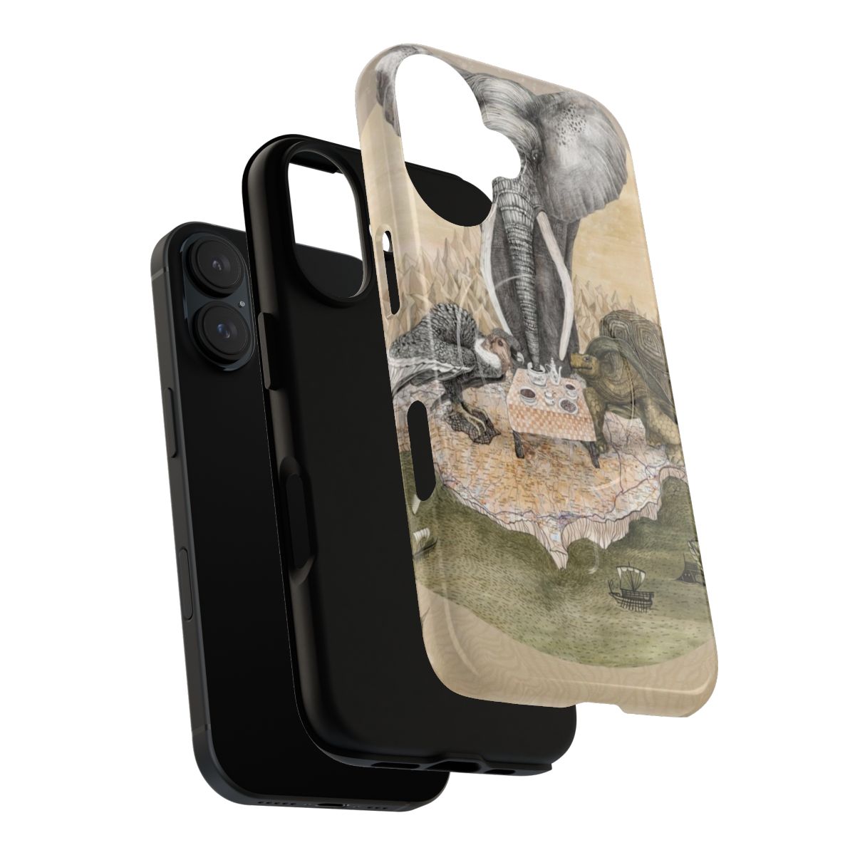 Vintage-style phone case with illustrations of an aldabra giant tortoise, andean condor, and asian elephant. - Layers