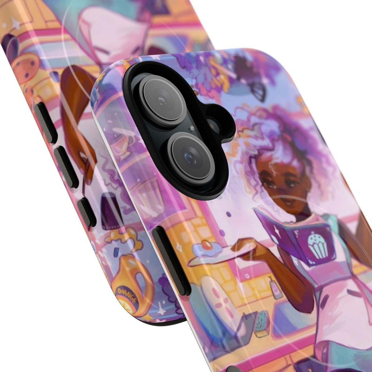 Pastel purple and black phone case with a magical girl style design - Detail