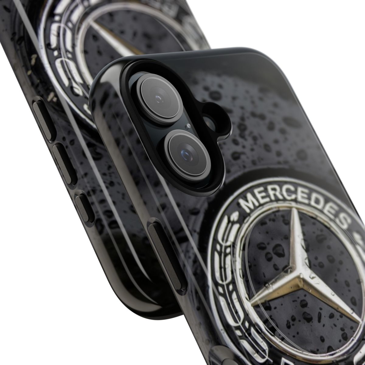 Closeup of a black phone case with the Mercedes logo and a strong magnetic closure. - Detail