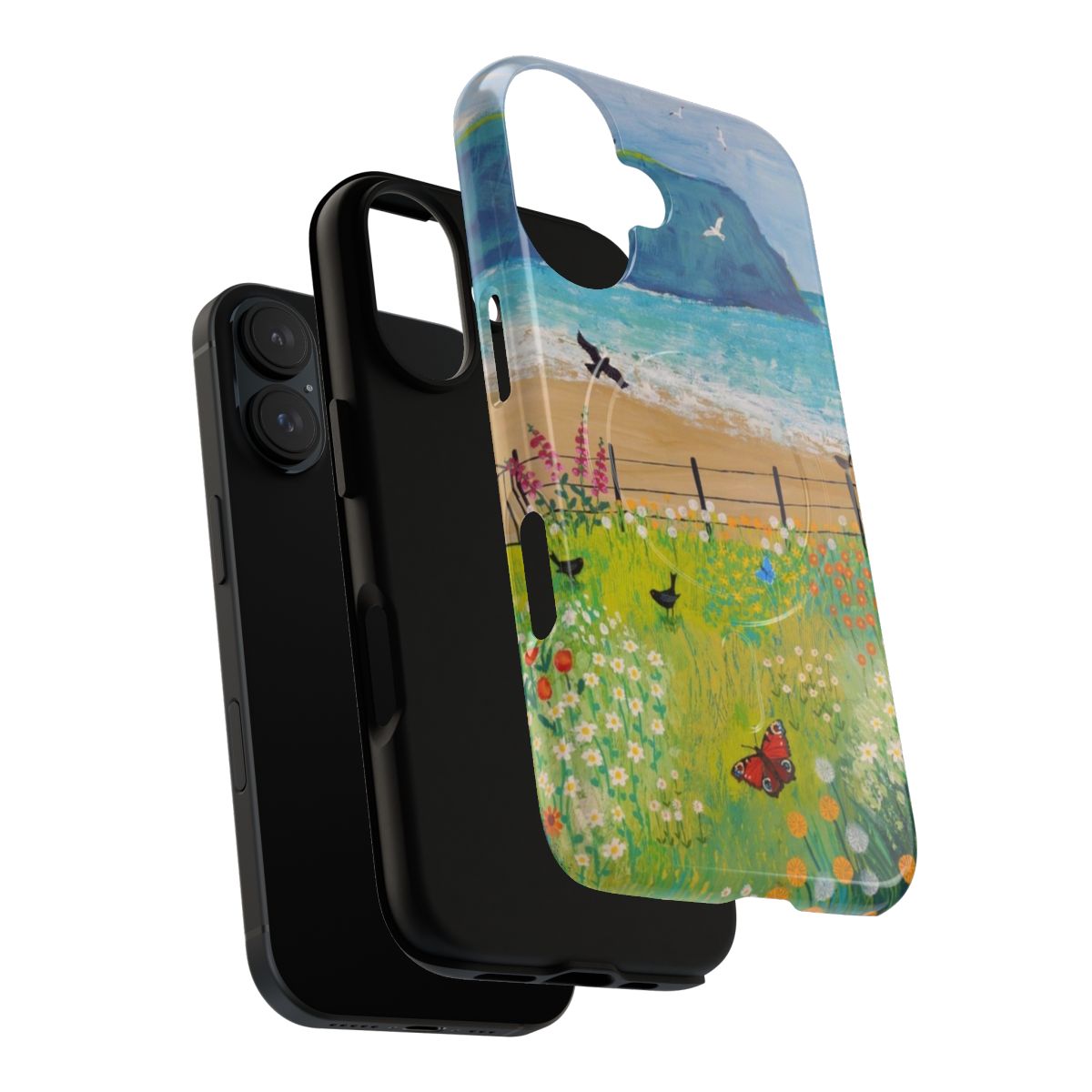 A magnetic phone case featuring a scenic landscape of flowers, gardens, and the sea. - Layers