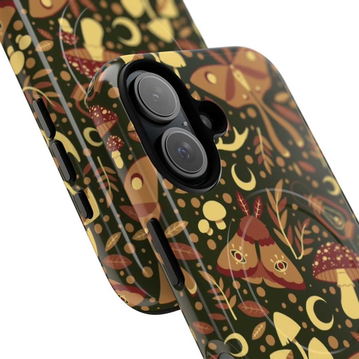 A green phone case with a mystical forest and mushroom pattern, featuring antlers, leaves, and a lantern. - Detail