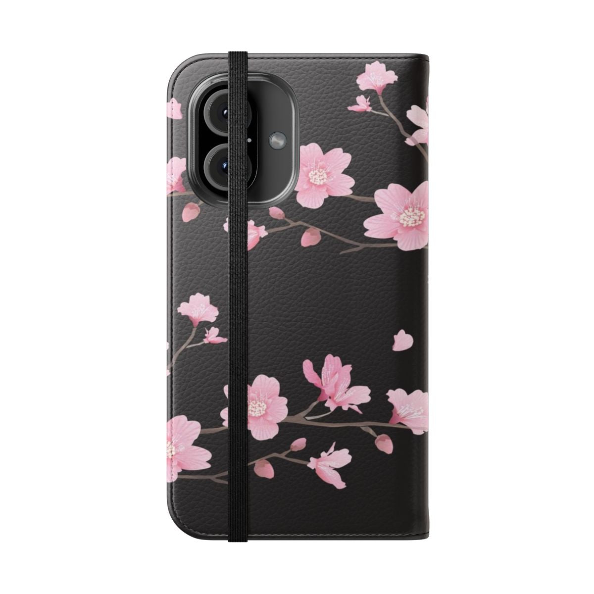 Black flip cover phone case featuring a vibrant cherry blossom floral design - Folded Front