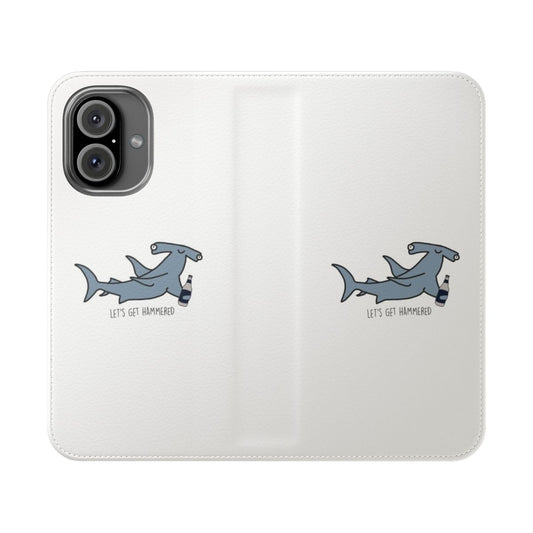 Colorful and fun flip phone case featuring a vibrant hammerhead shark design.