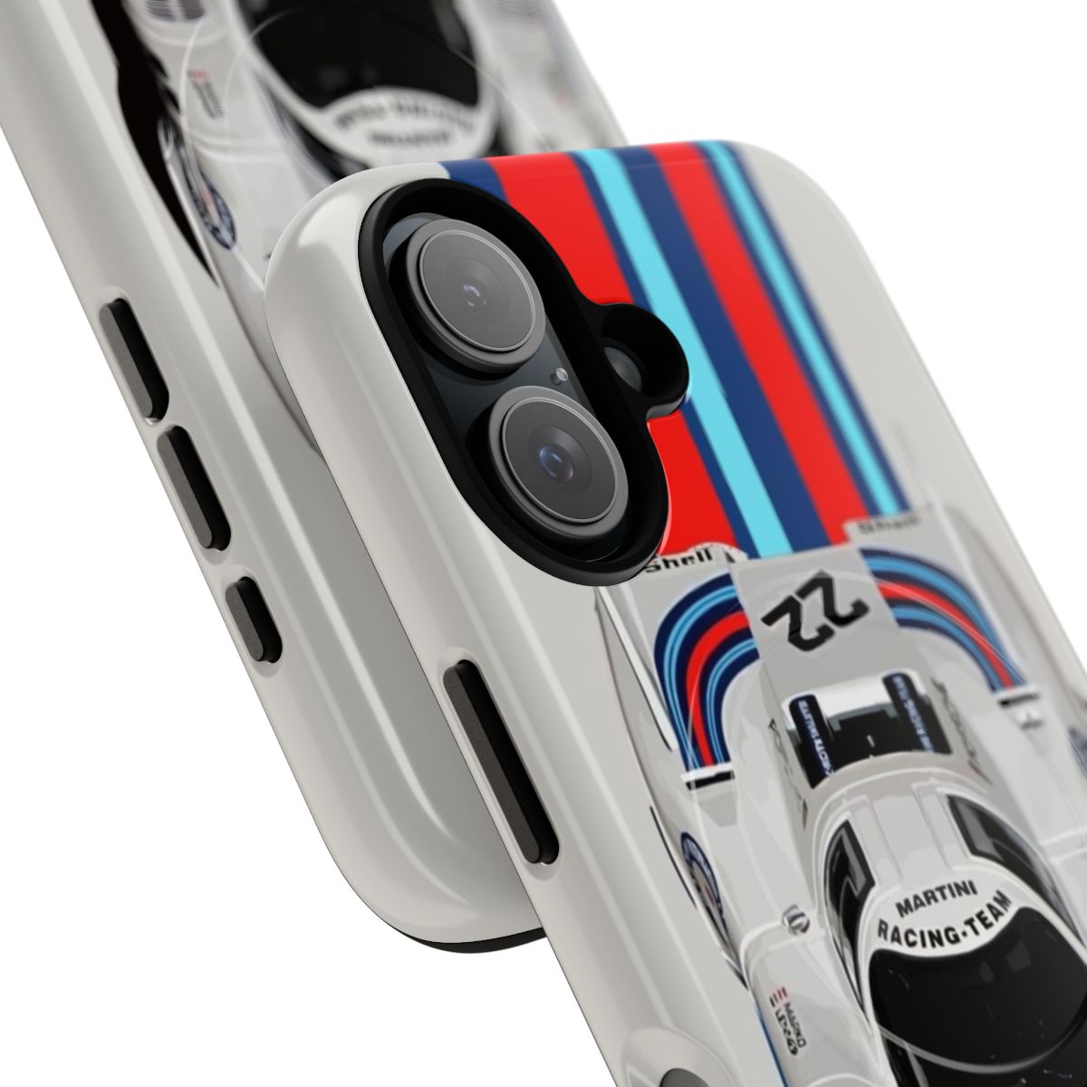 Vintage Porsche 917 race car in classic Martini Racing livery phone case - Detail