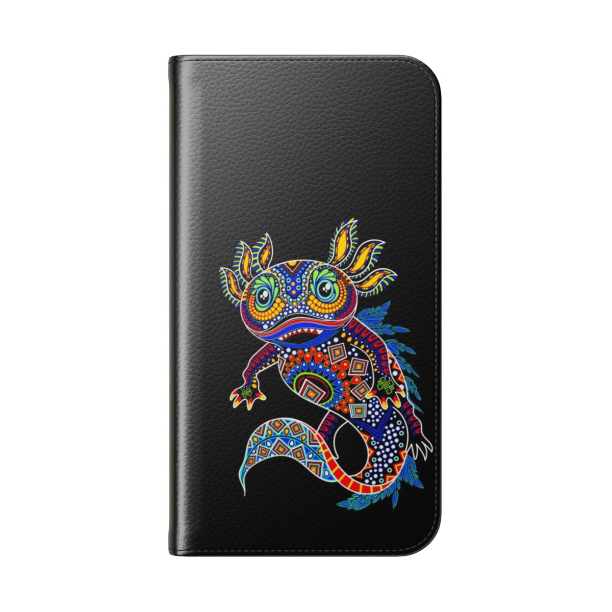 Colorful phone case cover featuring a cute axolotl salamander in a Mexican-inspired design - Folded Back