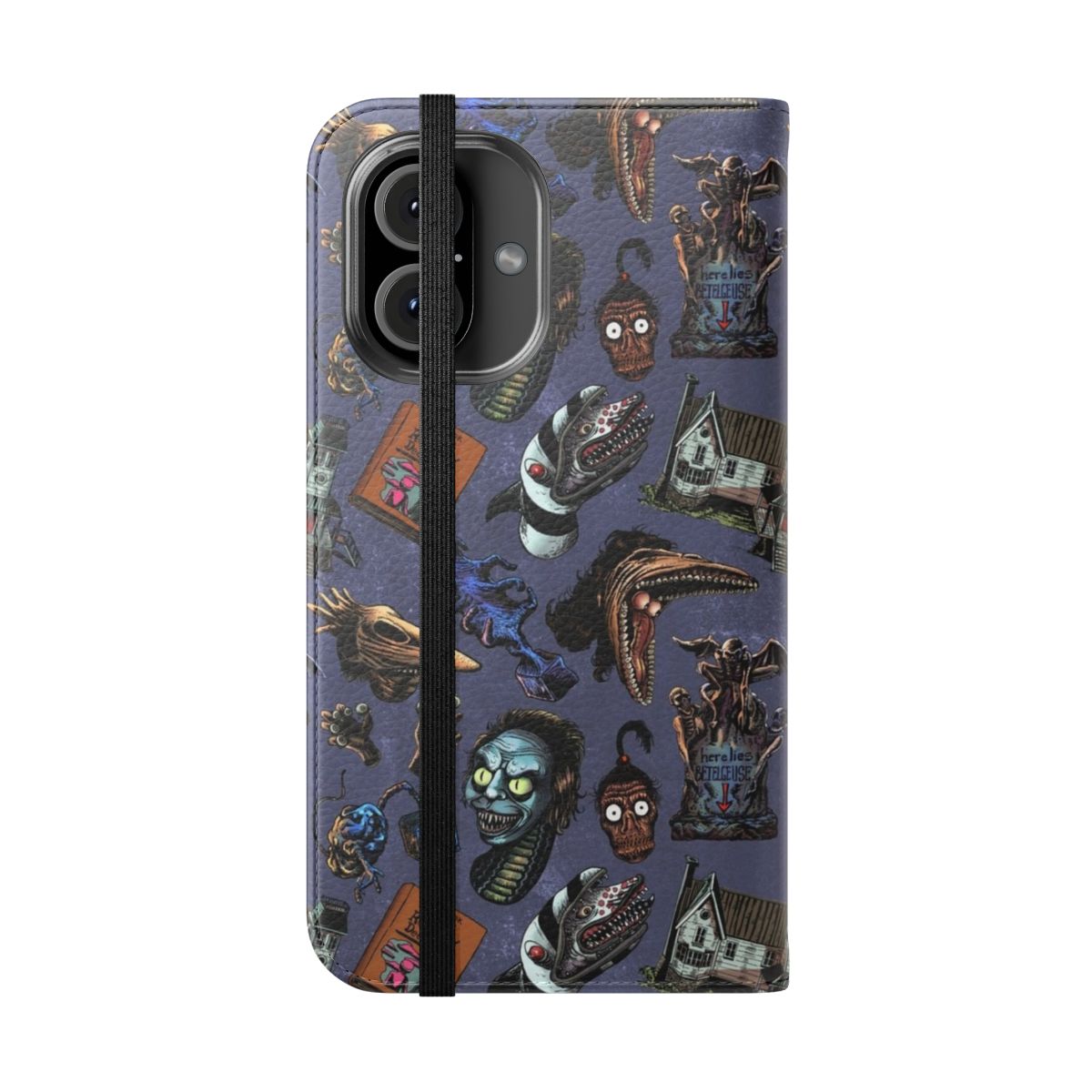 Violet flip cover phone case with a seamless Beetlejuice-inspired pattern - Folded Front