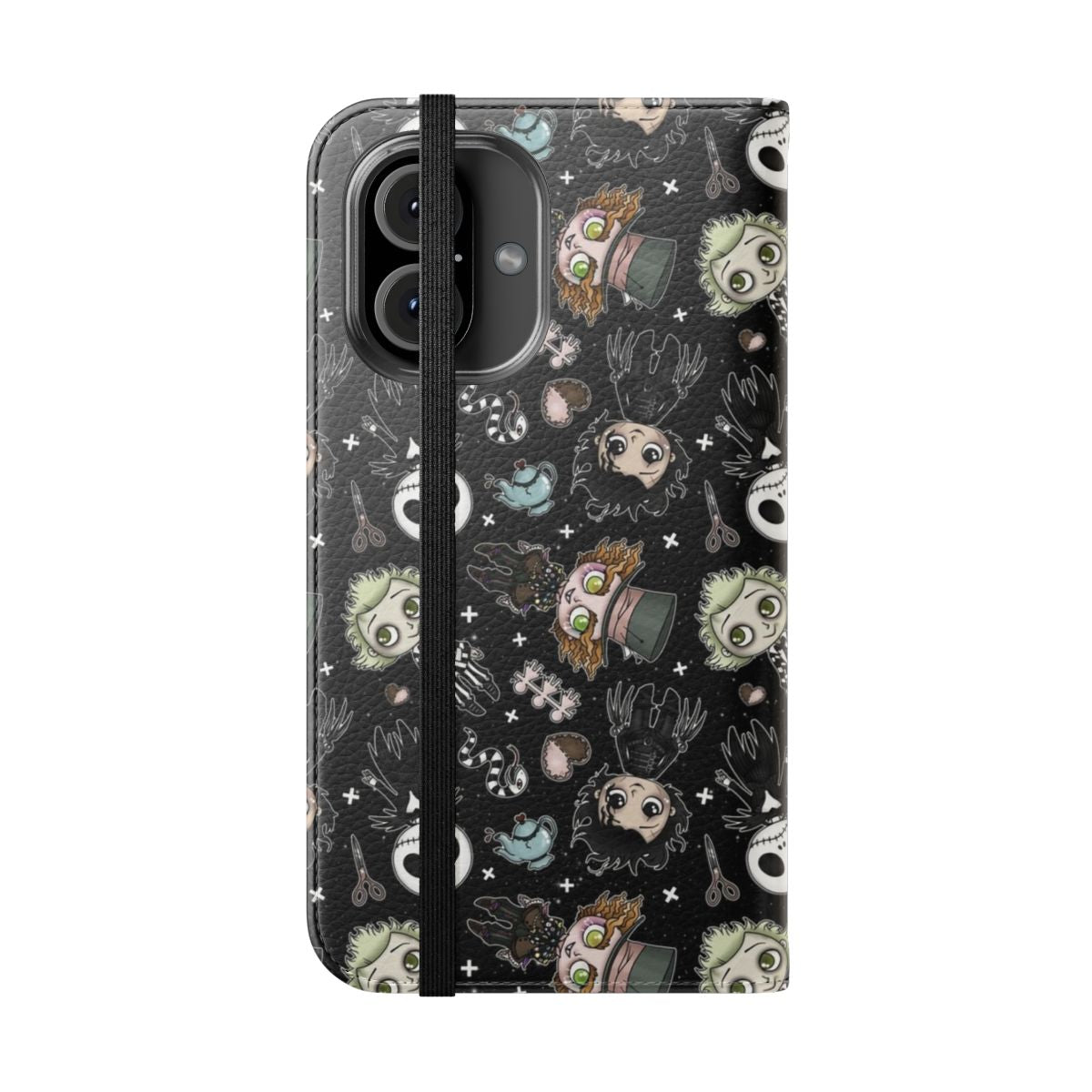 A sleek black flip cover phone case featuring gothic and Tim Burton-inspired designs. - Folded Front