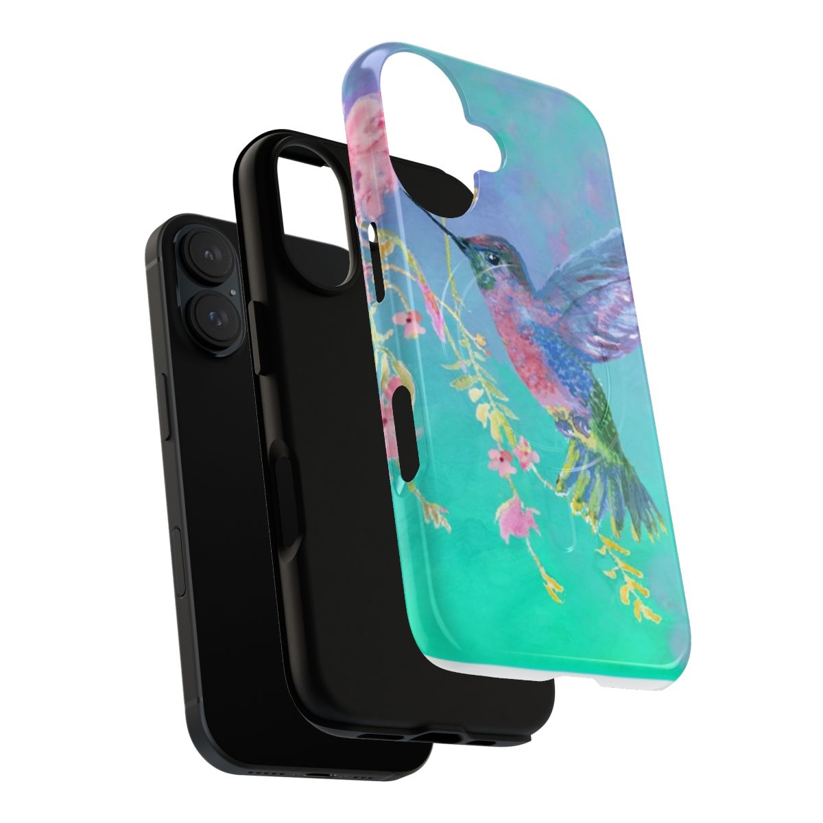 Vibrant hummingbird design on a durable, magnetic phone case. - Layers