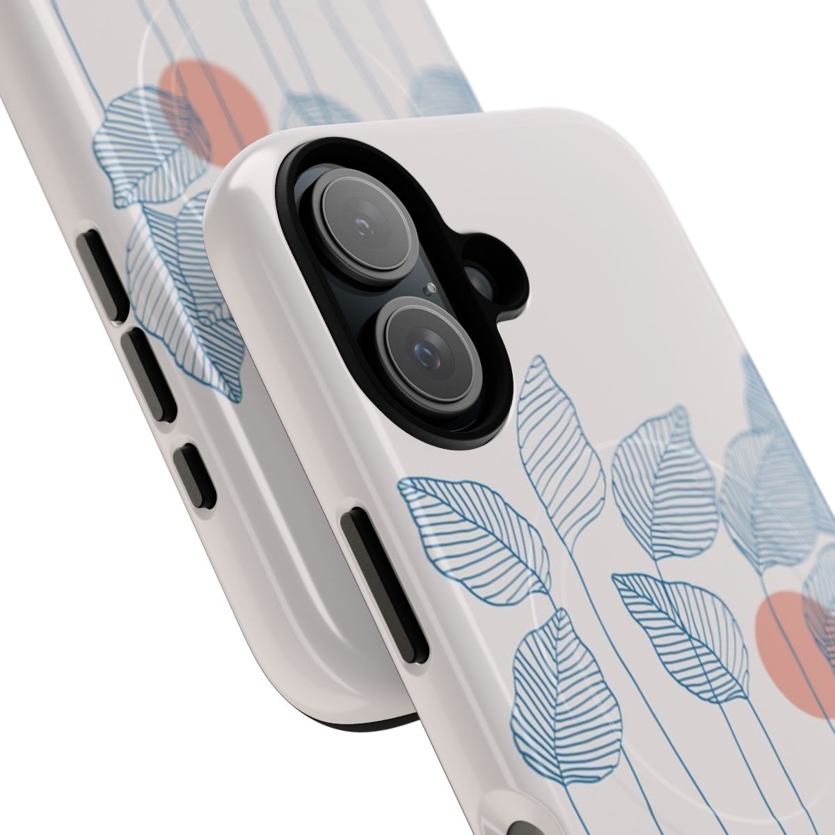 A minimalist phone case featuring a cat and plant design with lines, leaves, and a sun landscape. - Detail