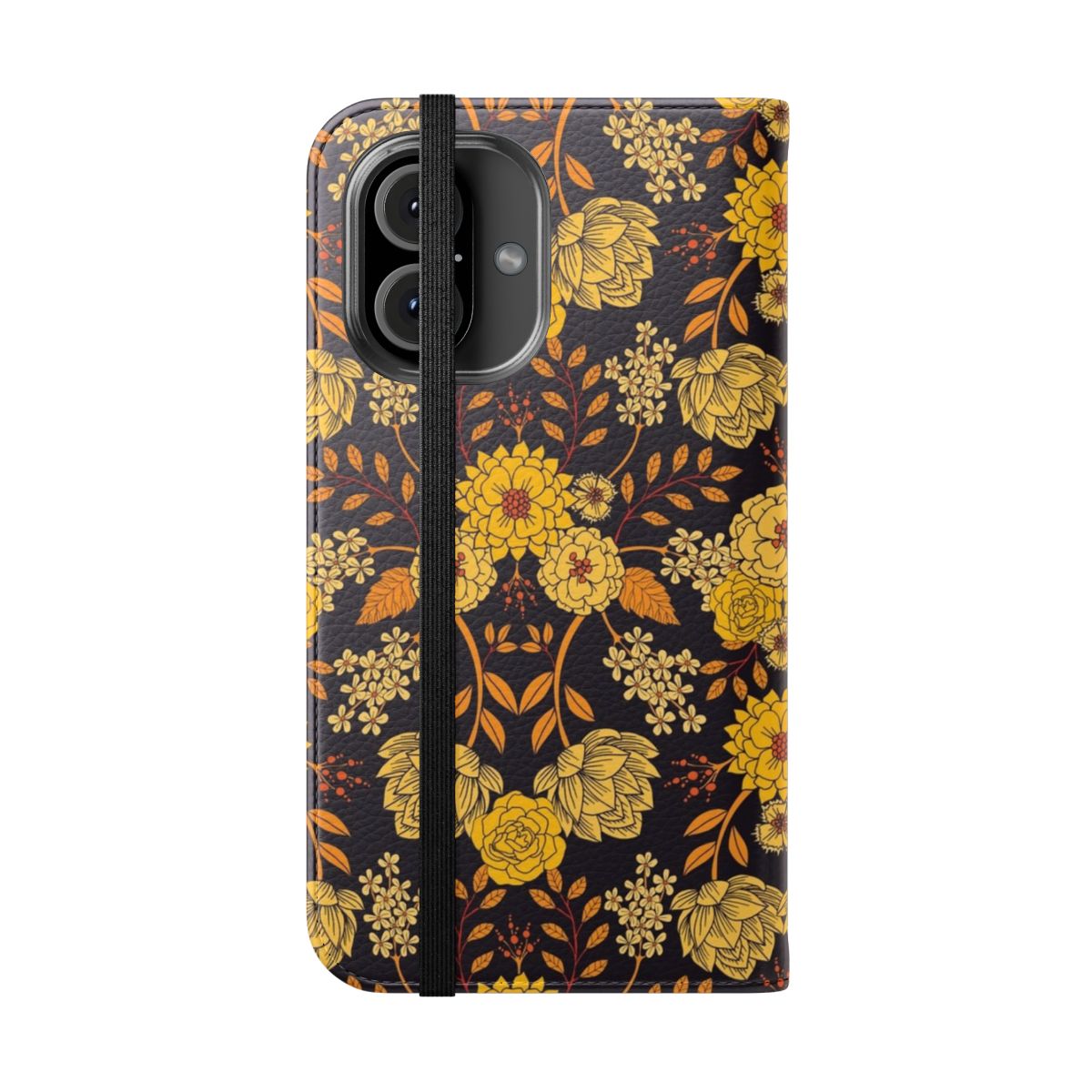 Vibrant floral pattern phone case in shades of yellow, orange, and navy blue - Folded Front