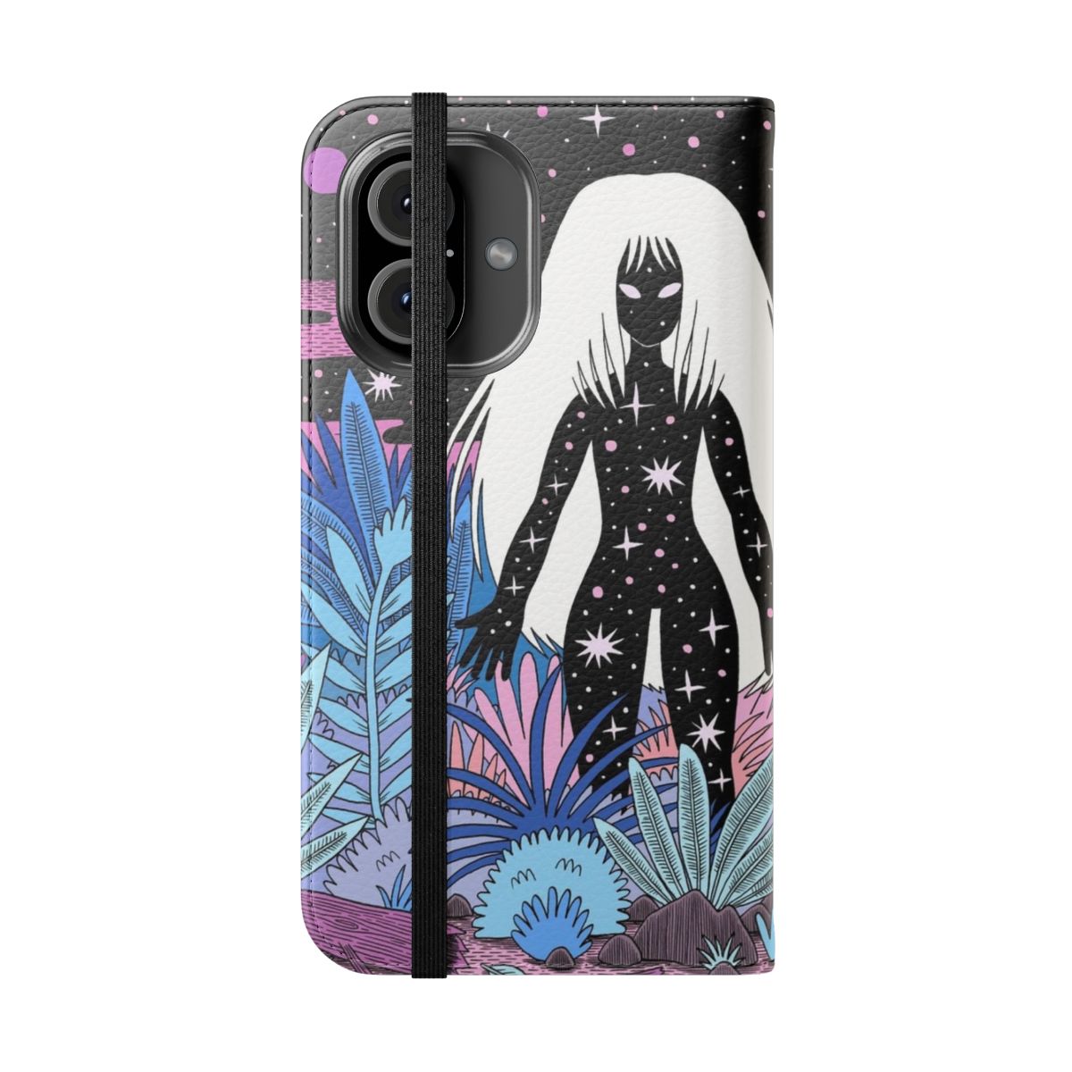 Cosmic goddess nature-inspired phone case with purple, blue, and pink patterns and details of the universe, stars, and planets. - Folded Front