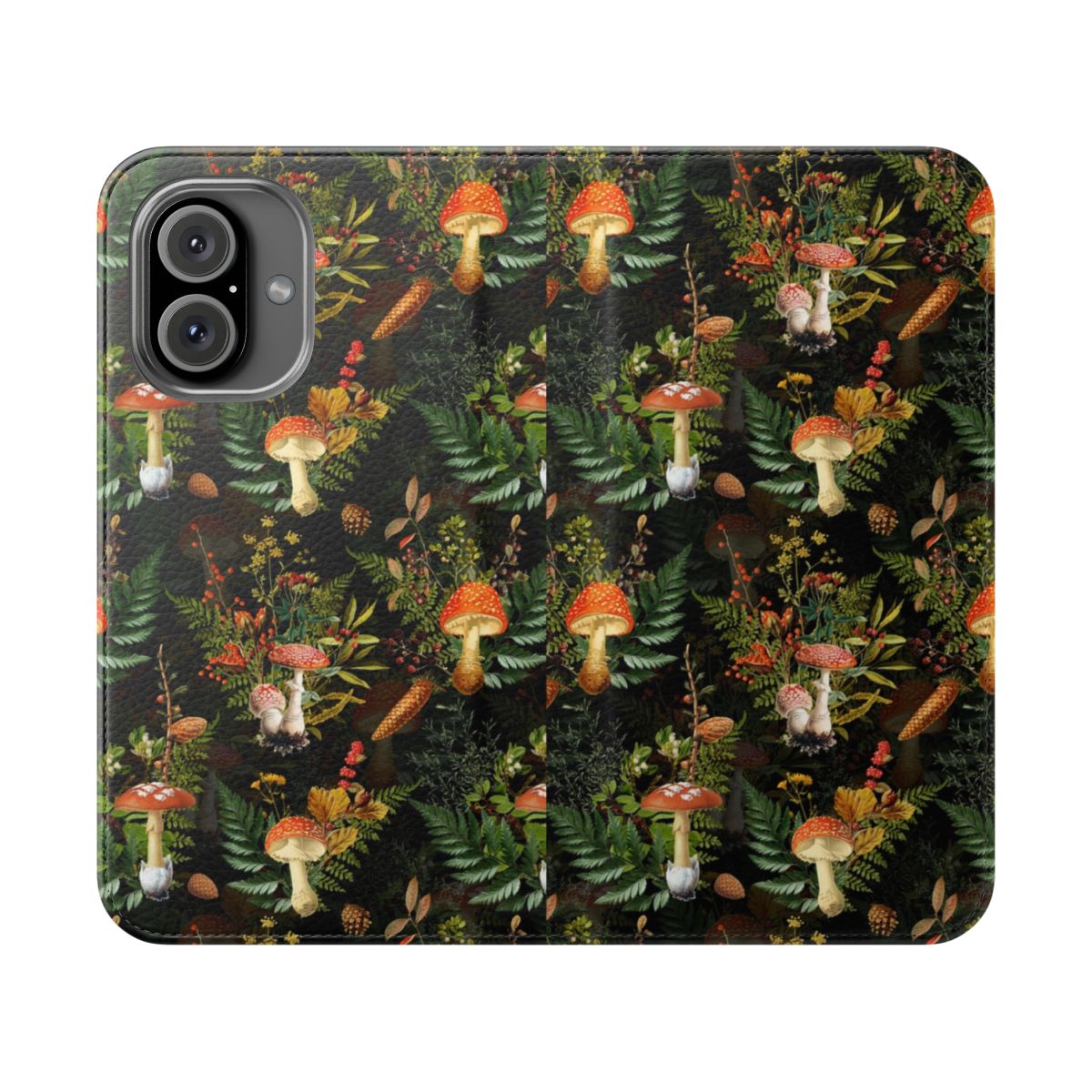 Vintage-inspired botanical phone case featuring midnight toadstools in a forest landscape on a black background.