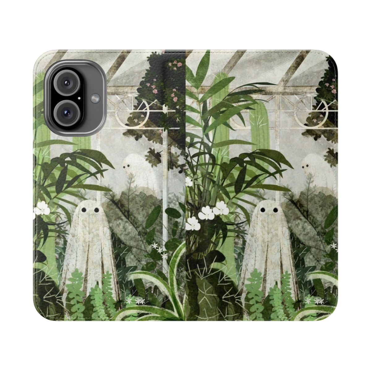 Vintage-inspired flip cover phone case featuring a ghostly greenhouse with exotic plants and flowers