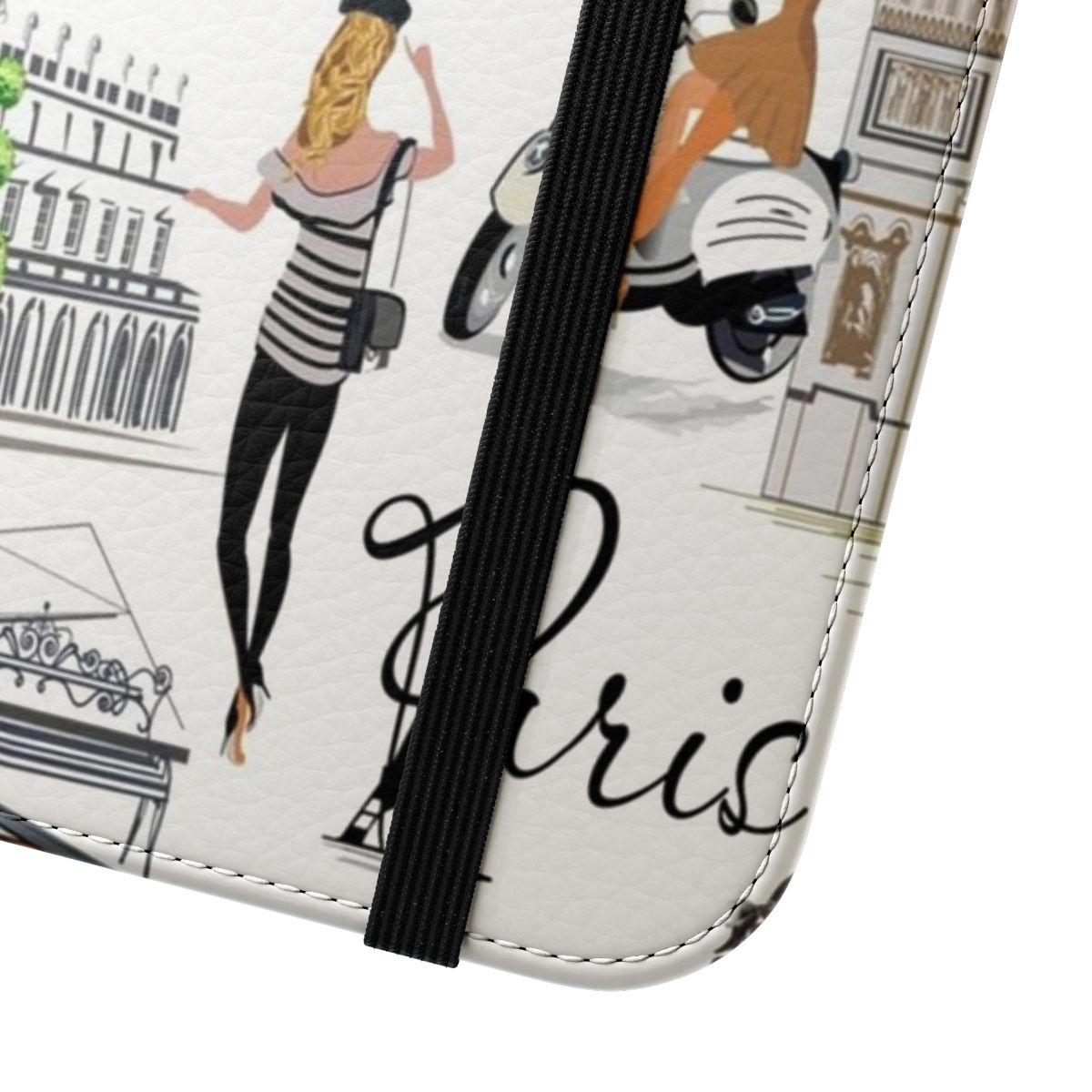 Parisian-Inspired Flip Cover Phone Case featuring the Eiffel Tower, flowers, and chic fashion elements. - Close Up