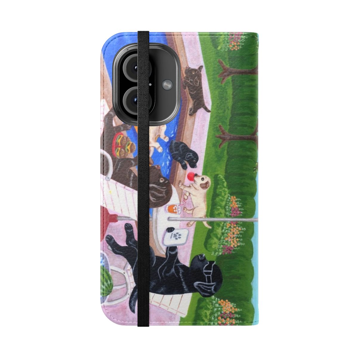 Vibrant illustration of Labrador Retrievers enjoying a pool party on a phone case - Folded Front