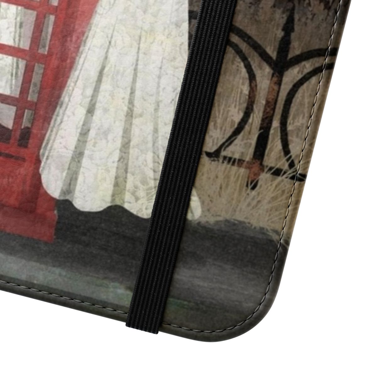 Spooky vintage-style phone box flip cover case with a haunted, creepy-cute design. - Close Up