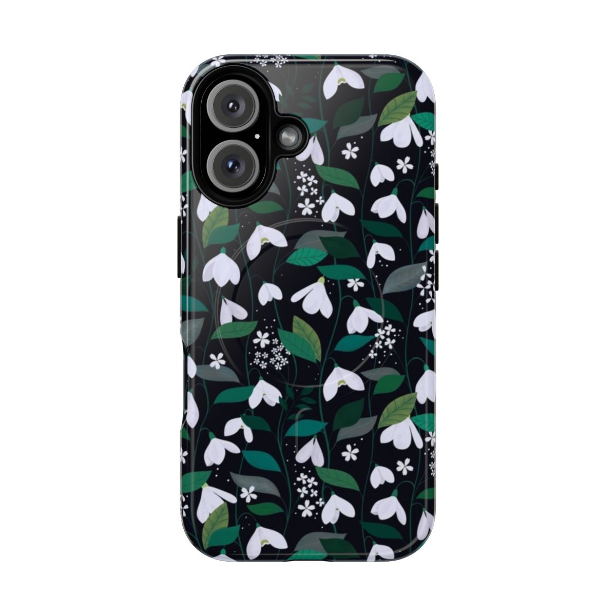 Snowdrop floral pattern on a black phone case with delicate botanical leaves