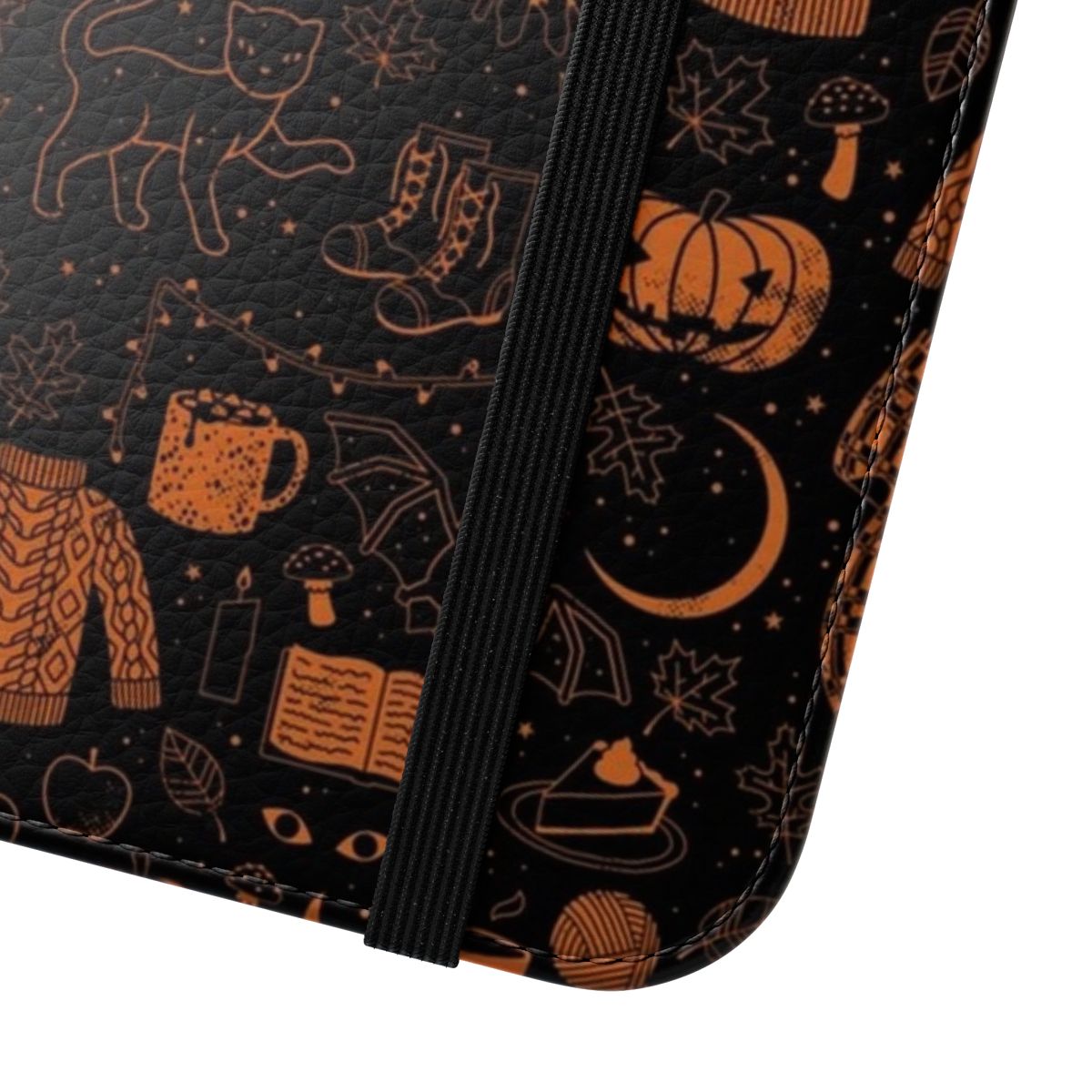 Autumn-themed flip phone case with witchy and spooky design elements like bats, pumpkins, and black cats. - Close Up