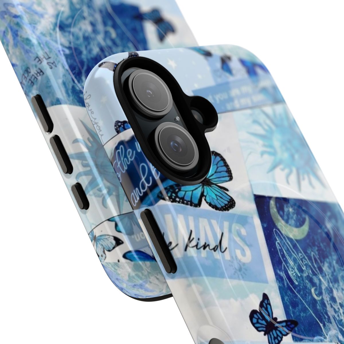 A blue phone case with a collage of aesthetic designs including butterflies, moon, sun, and other natural elements. - Detail