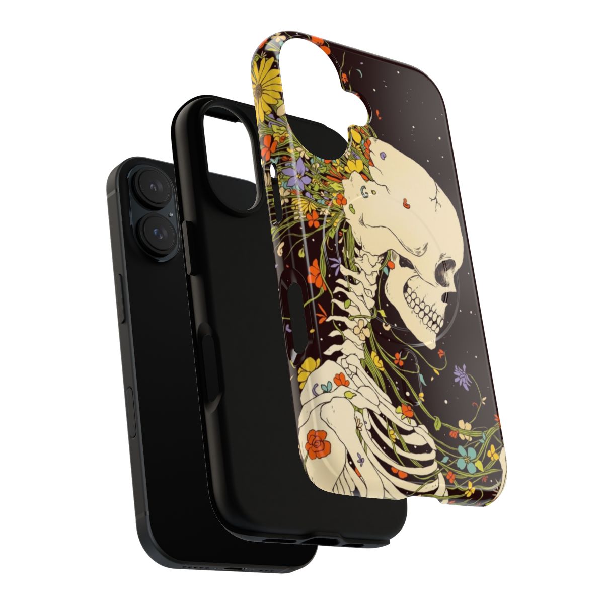 A surreal phone case featuring a design with a floral memento mori, moon, and stars set against a celestial background. - Layers