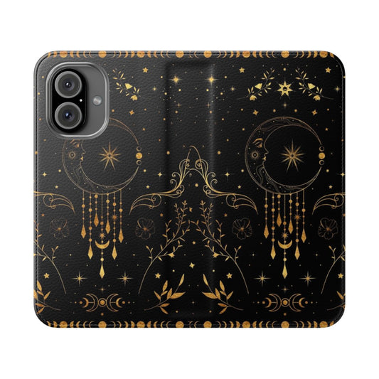 Celestial crescent moon with floral accents and moon phases on a flip phone case