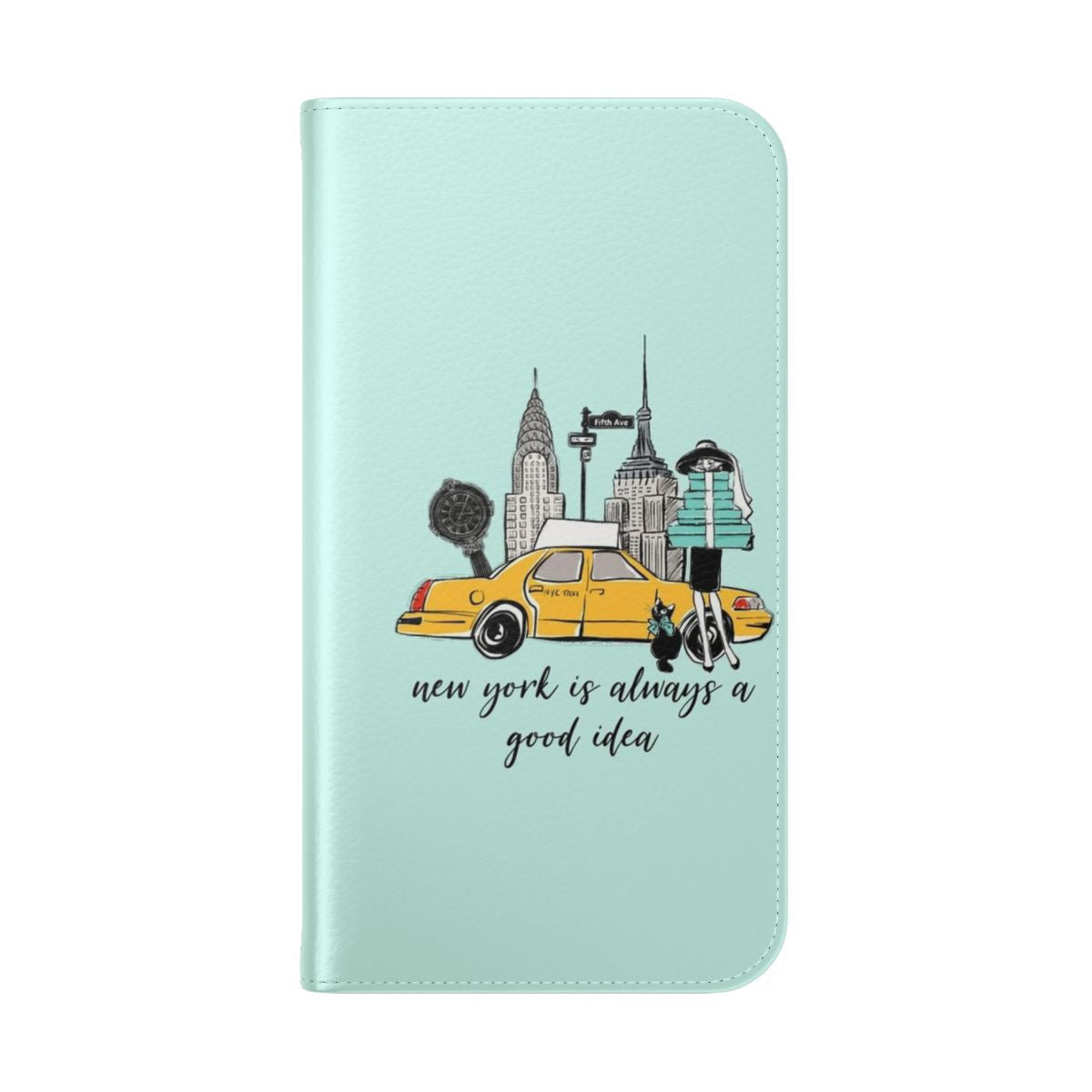 Flip cover phone case with a Breakfast at Tiffany's-inspired design featuring the iconic New York cityscape and Tiffany blue color scheme. - Folded Back