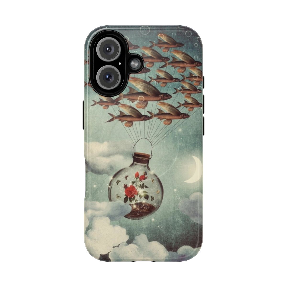 Surreal phone case with a rose design floating in a cosmic universe