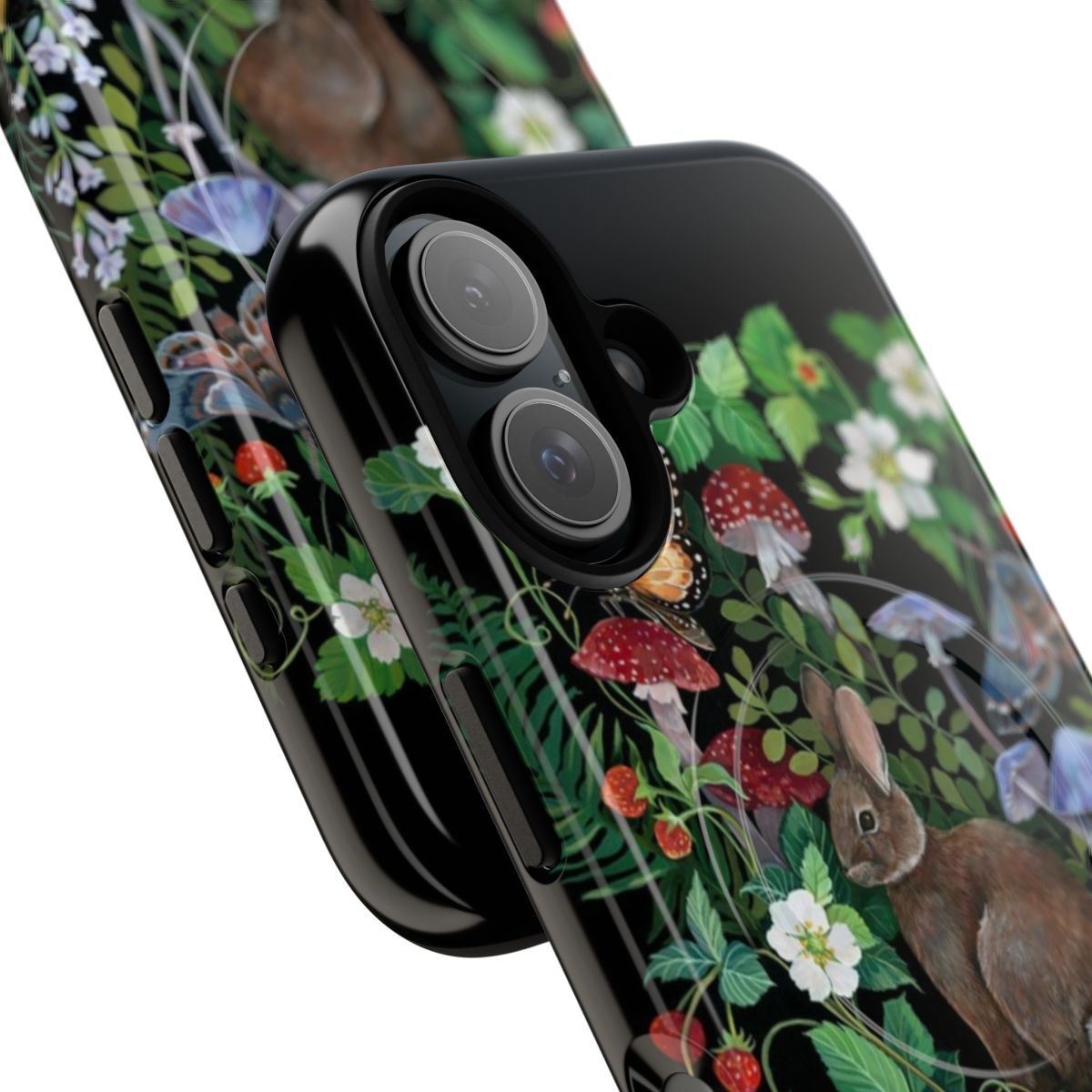 Whimsical phone case featuring a rabbit, strawberries, and other nature elements - Detail