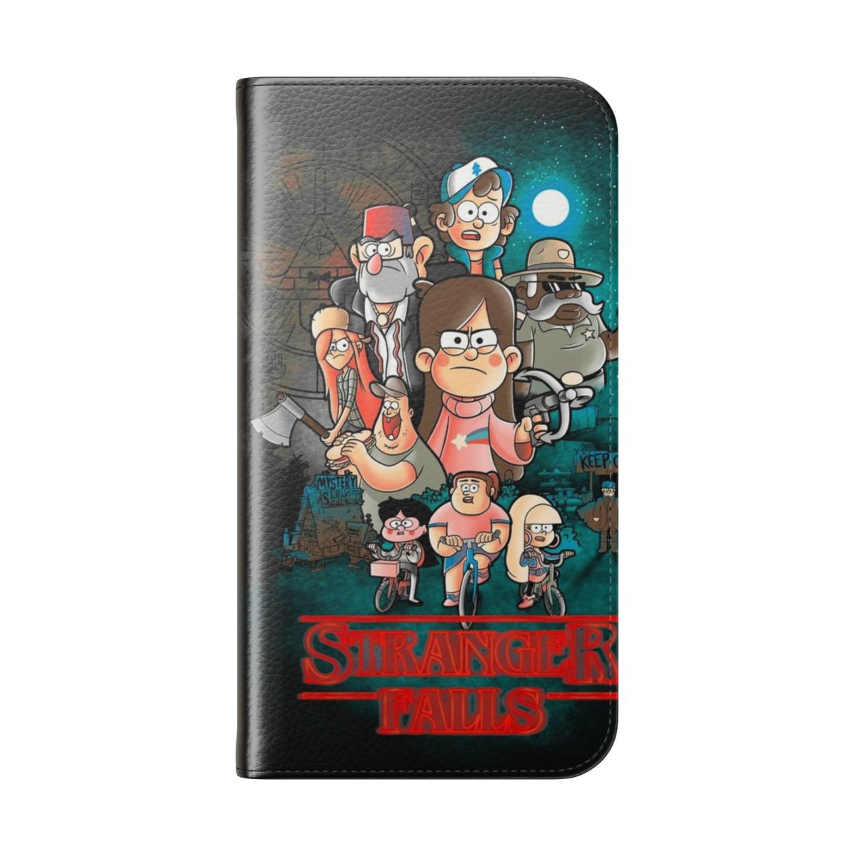 Flip cover phone case with Stranger Things and Gravity Falls design - Folded Back