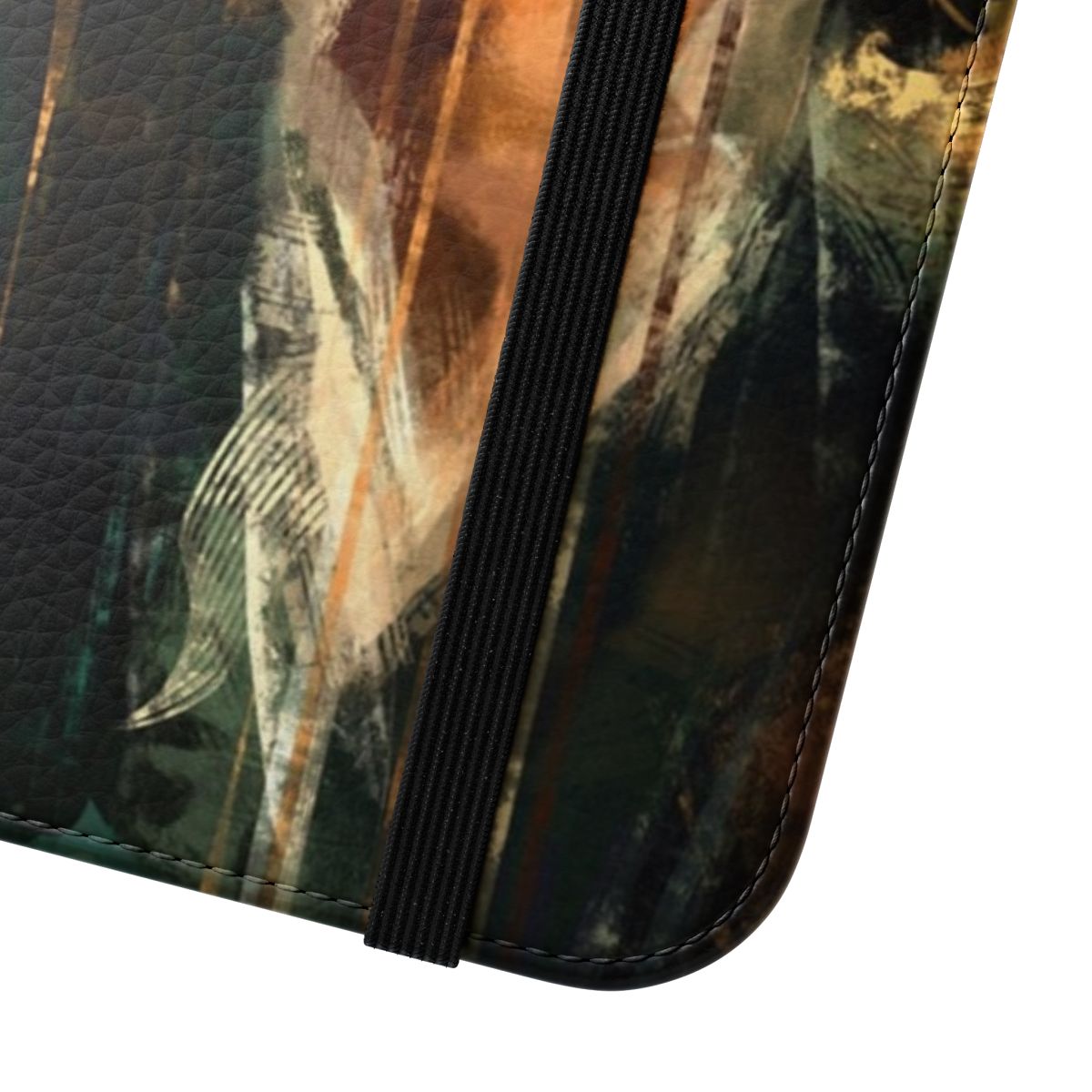 A flip cover phone case featuring a portrait with religious art design, including a crucifix, cross, and halo. - Close Up