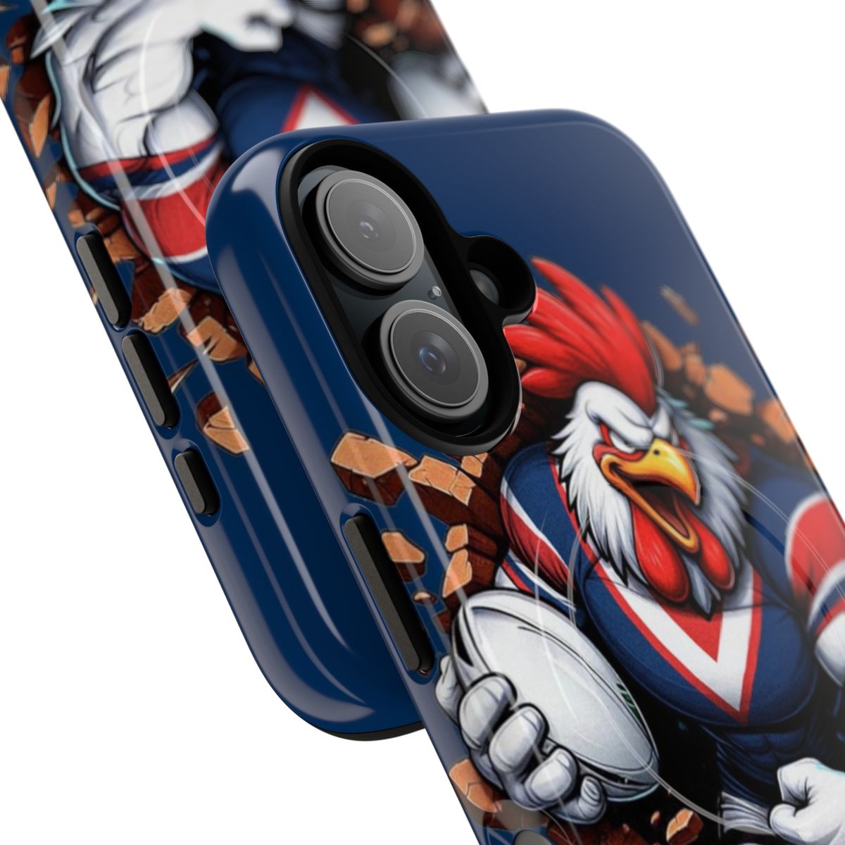 Sydney Roosters phone case with a smashing through or burst through emblem design - Detail